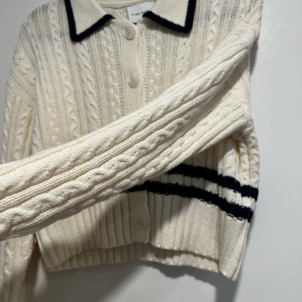 NWT Pink Rose Preppy Cream & Navy  Cable Knit Collared Cardigan. Ribbed Hem. S - Picture 9 of 16